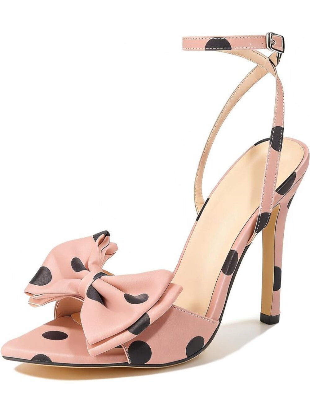 Women's Pink Polka Dot Bow Stiletto Open Toe Adjust Ankle Strap Sexy High Heels
